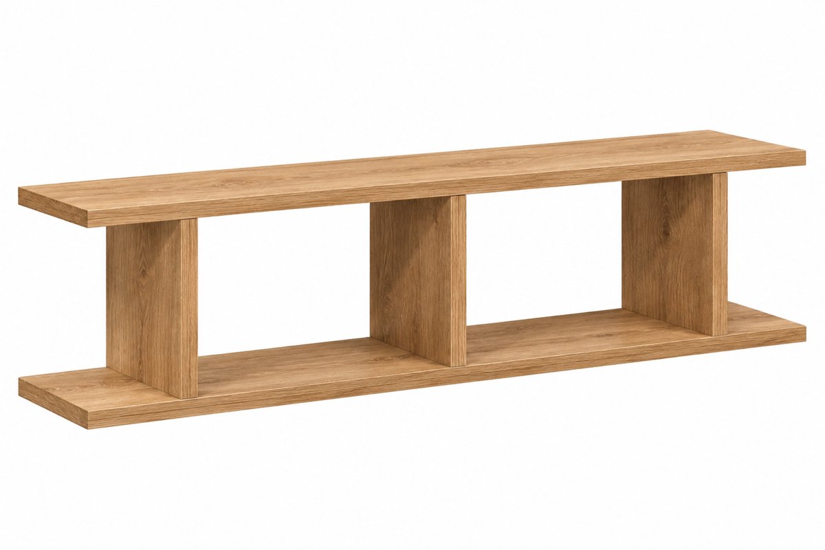 Noventra Wandplank Hout – Zwevende Wandplank met 3 Open Vakken – Wandrek voor Woonkamer, Hal, Slaapkamer & Werkkamer – Houtlook