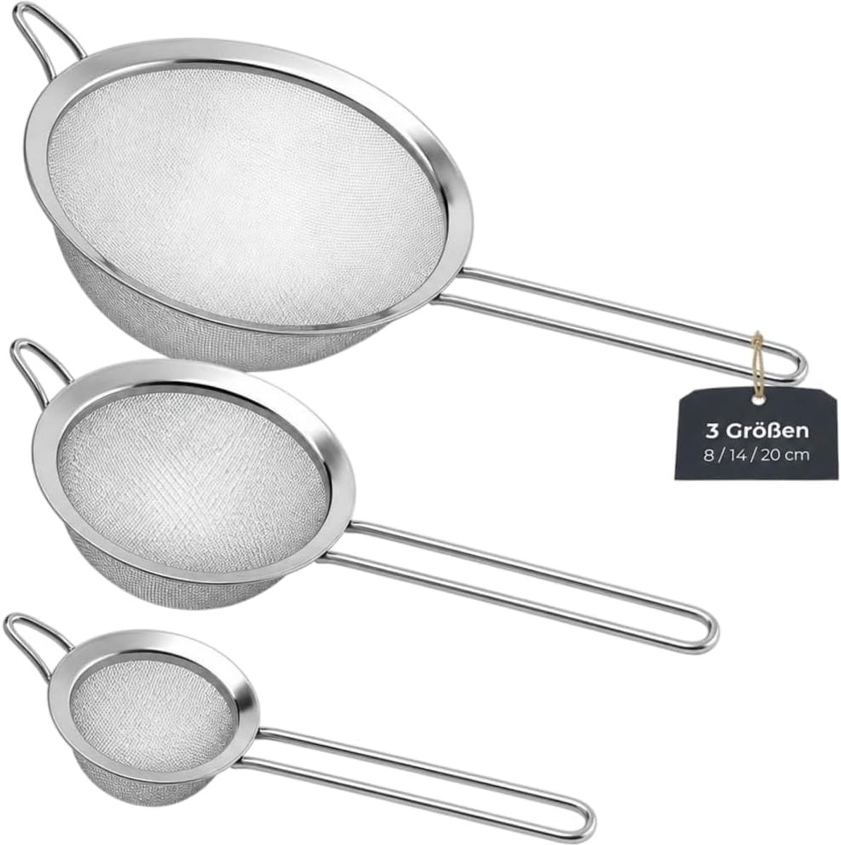 Dailygoods - 3-delige set keukenzeef - Roestvrij staal - Vaatwasserbestendig - Vergieten en stomen - Ø 8 cm, Ø 14 cm, Ø 20 cm