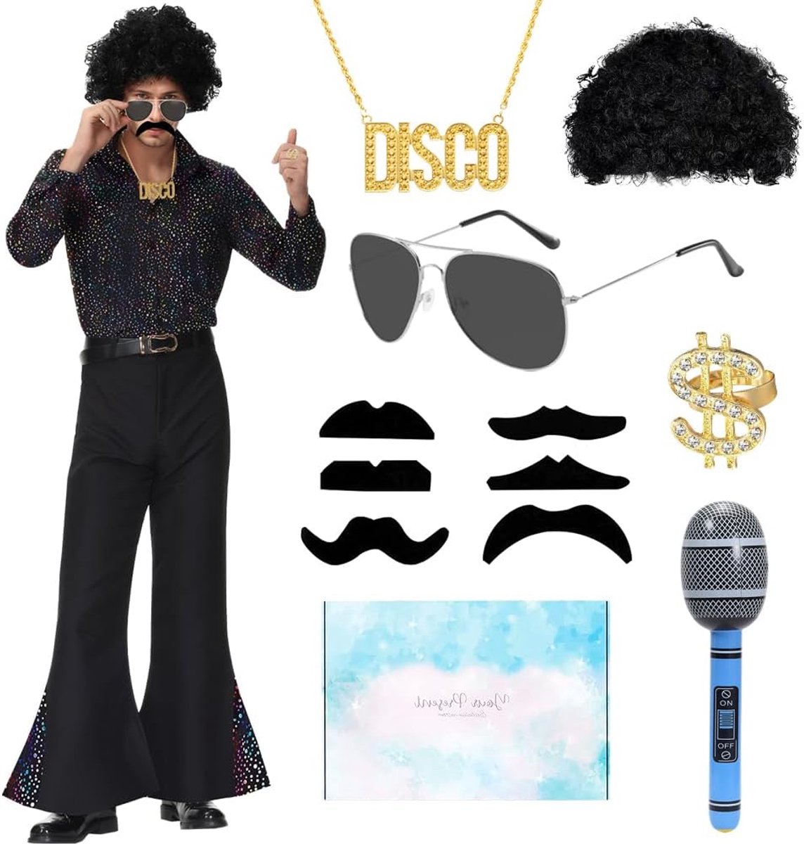 outfit voor heren, jaren '70-outfit voor heren, glitterhemd met accessoires, pruik, bril, jaren '70-kleding voor carnavalskostuum, Halloween, verjaardag, disco, decoratief feest