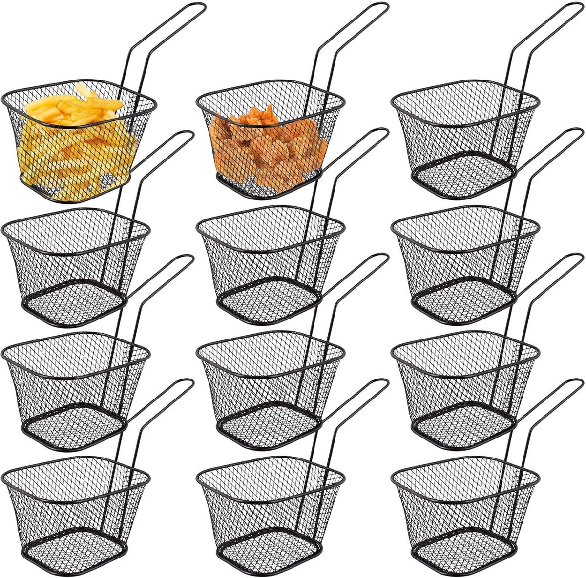 12 stuks Frietjesmandjes, roestvrijstalen frietjesmand met handvat, zwarte frituurmand voor het serveren
