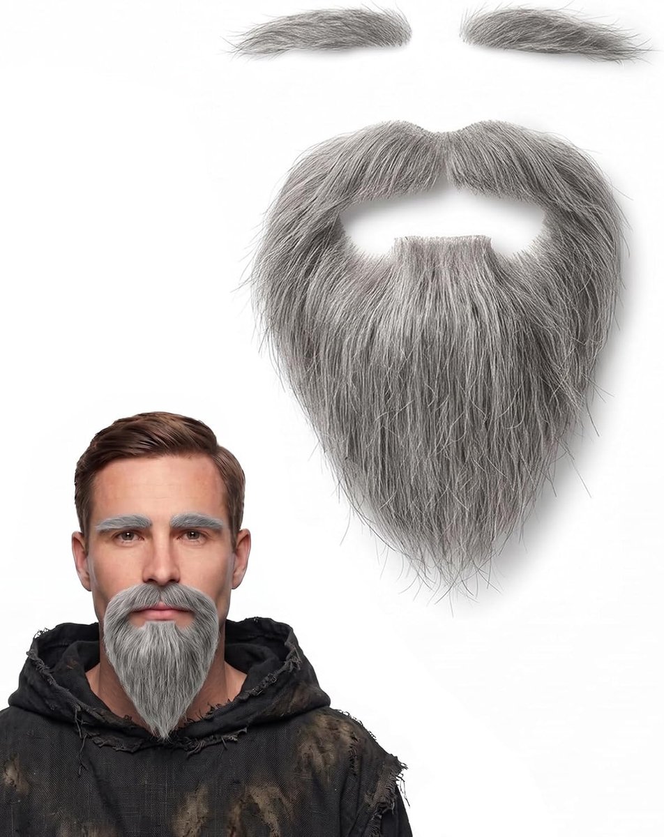 1 set valse baard en wenkbrauwen – snor en paar grijze wenkbrauwen van zacht synthetisch haar, zelfklevend, realistische look, ideaal voor grootvader, carnaval en theater