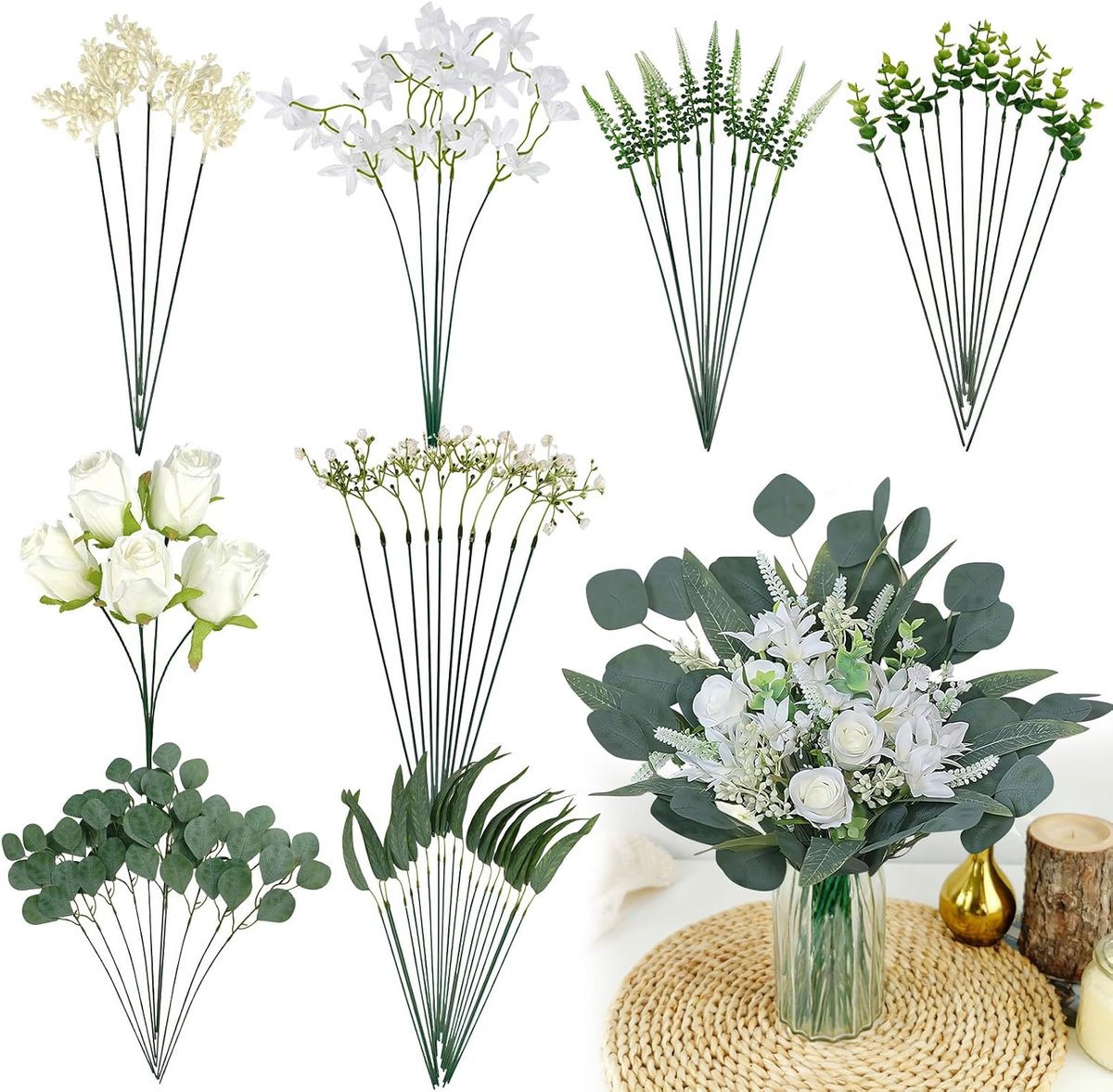 Kunstbloemen, witte bloemen, bladeren, kunstdecoratie, kunstbloemen, boeket, eucalyptus, roos voor doe-het-zelf boeket, bruidsboeket, bruiloft (75, wit)