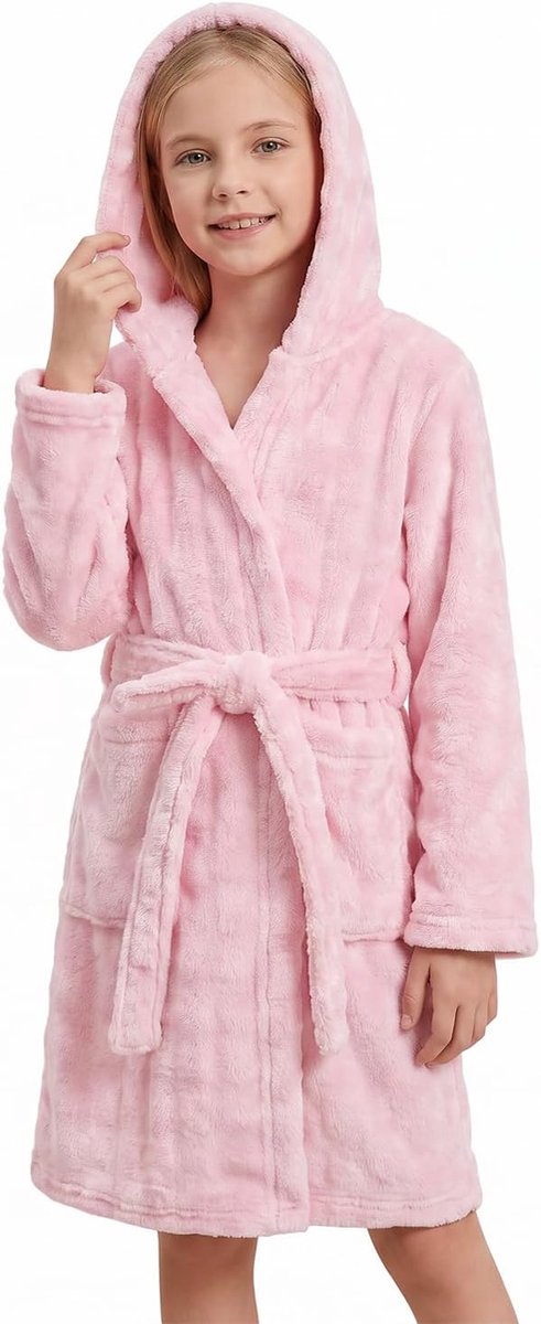 Badjassen met capuchon voor kinderen 4-12 jaar, flanellen fleece ochtendjas met lange mouwen en riem en zak 3D-rastertextuur jongensbadjas