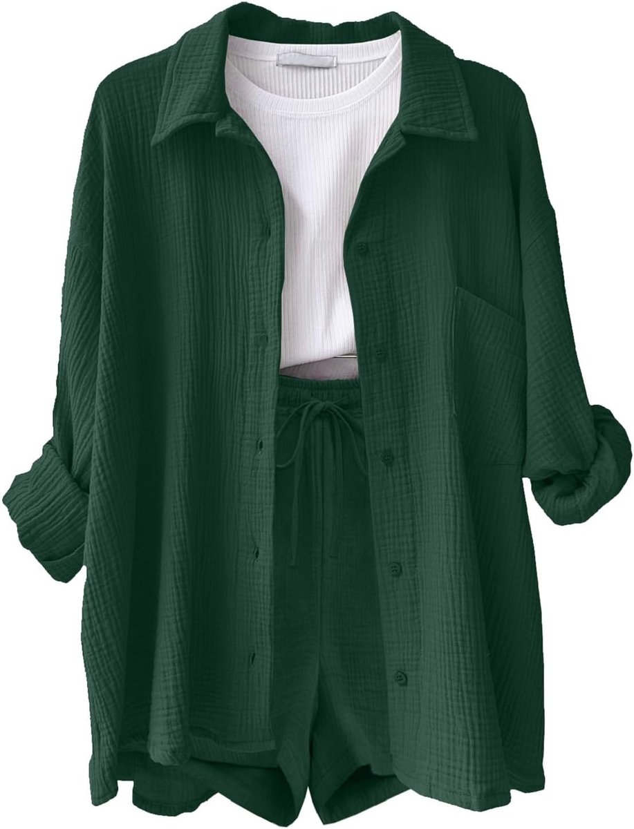 Linnen set voor dames, 2-delig, licht pak, broek en blouse, lange mouwen, elastische taille, casual, strandkleding, tweedelige set voor dames
