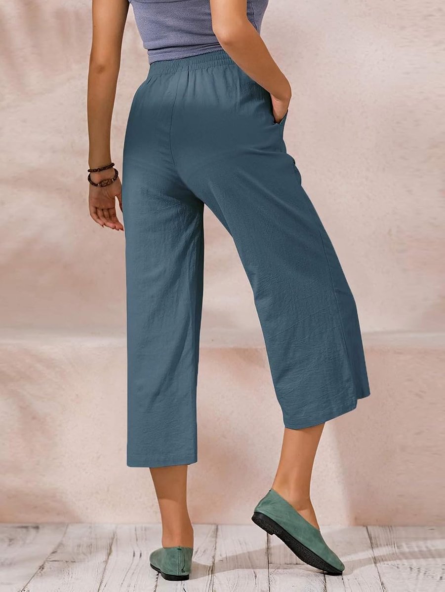 Damesbroek, elastische taille, brede broek, vloeiend, cargobroek, zomer, 7/8, katoen