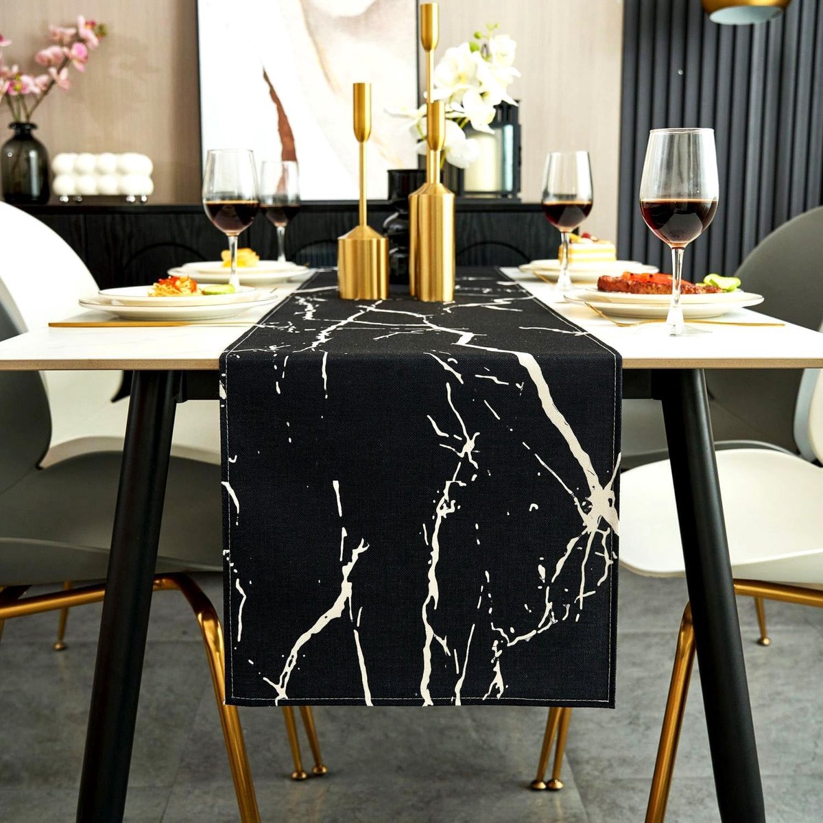 Tafelloper voor de herfst, zwart en wit, moderne linnen tafelloper met gouden marmerstructuur, abstracte kunst, wasbaar, voor koffie, eetkamer, kaptafel, slaapkamer, 40 x 240 cm