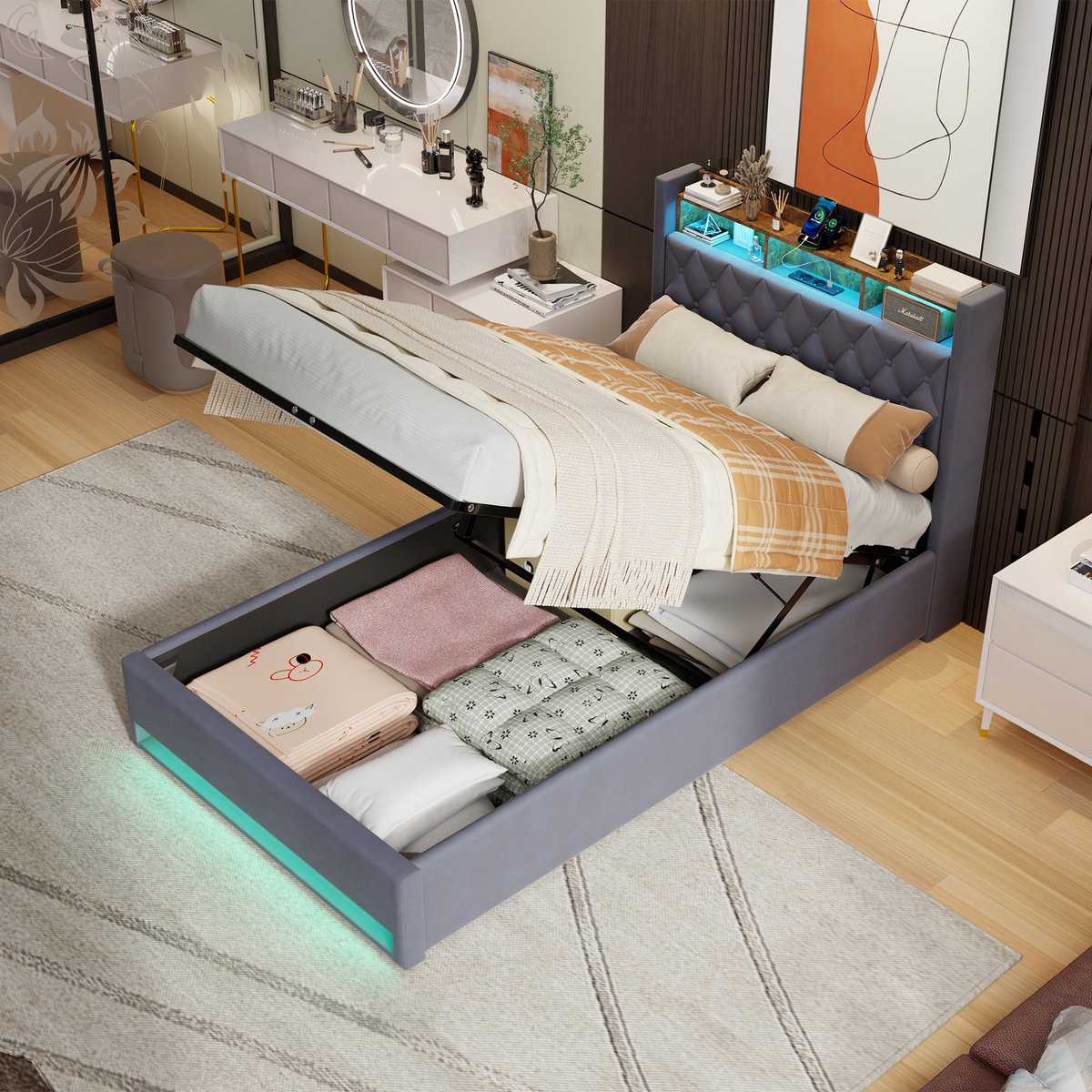 MEUNIQ Gestoffeerd bed 140x200 cm met lattenbodem, fluwelen bedframe met bekleed hoofdbord en metalen ondersteuning, donkergrijs