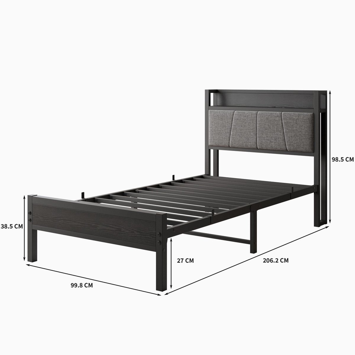 MEUNIQ metalen eenpersoonsbed 90 x 200 cm met opberghoofdbord, ruimte onder het bed en draagvermogen van 181,4 kg, zwart