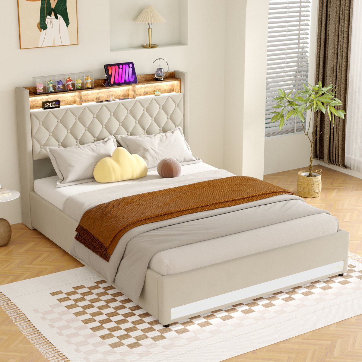 WUVRIE Gestoffeerd bed 160x200 cm met LED, hydraulische opbergruimte, USB en stopcontact, fluweel Beige
