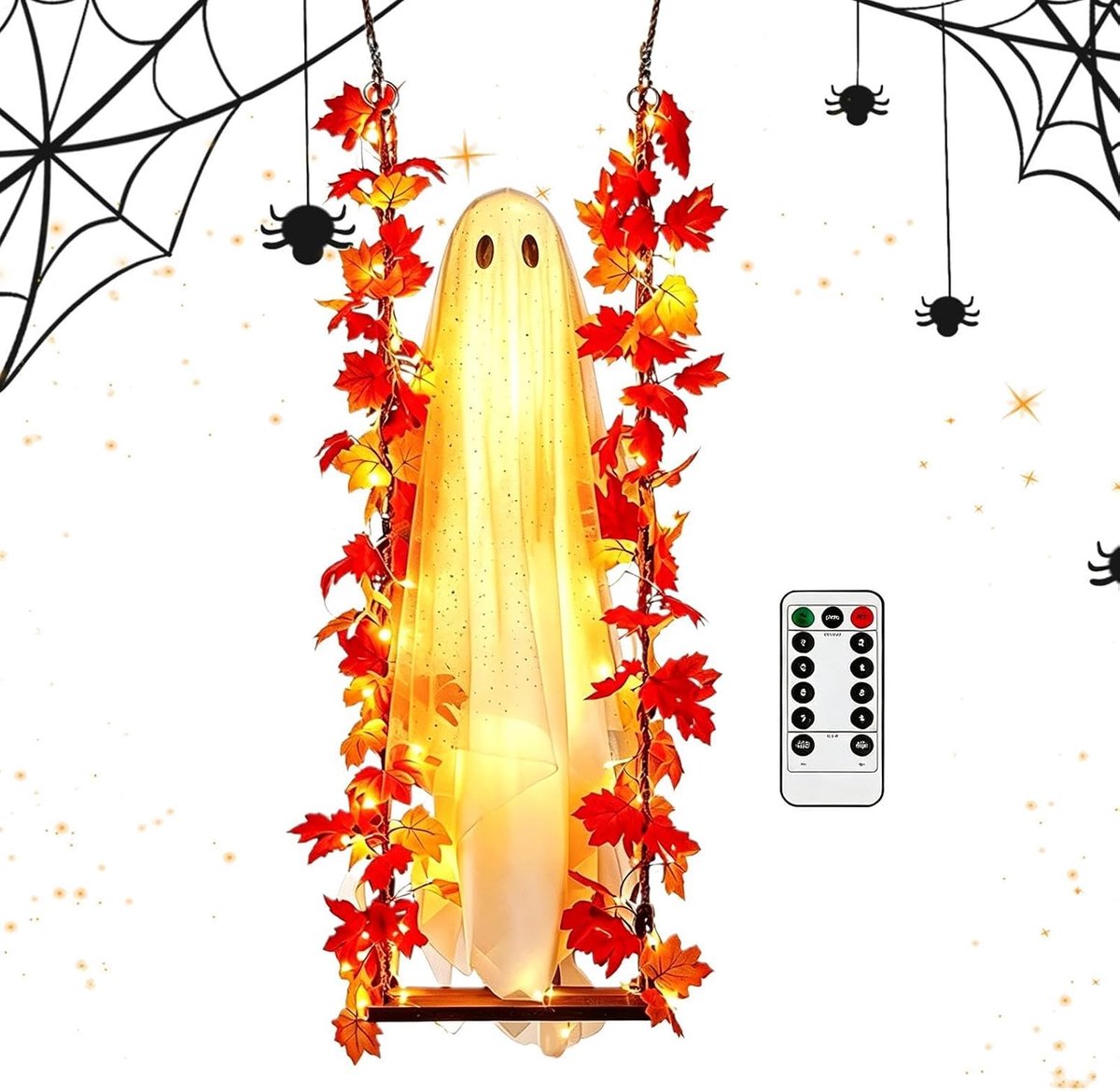 Halloween Decoratie - Halloween Spook Decoratie - Groot Spook op Schommel met Esdoornbladeren - Met Verlichting en Afstandsbediening - 1 stuk