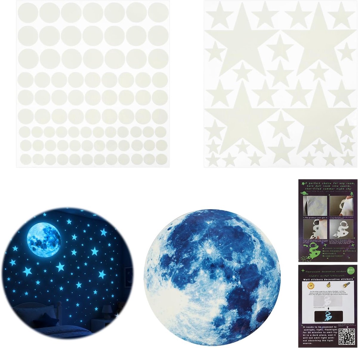 muurstickers, maan, sterren, compatibel met slaapkamer, woonkamer, zelfklevend, blauw, 20 cm