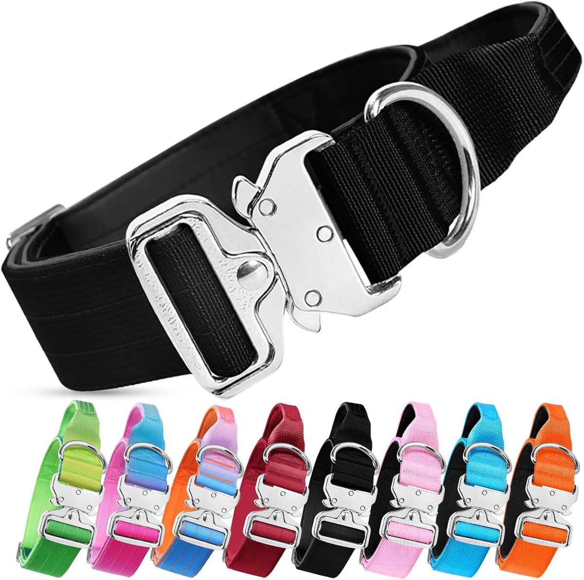 hondenhalsband met controlegreep, verstelbaar, robuuste nylon hondenhalsband met metalen gesp, brede militaire hondenhalsband voor middelgrote en grote honden (zwart, L)