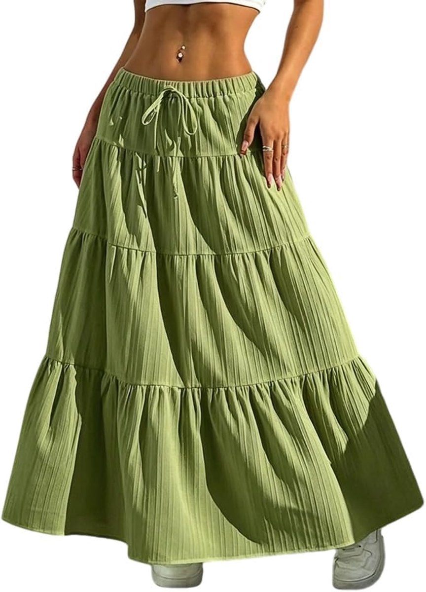 Rok voor dames, lang, hoge taille, elegante maxi-rok, A-lijn, elastische gelaagde midi-vrijetijdsrok, effen rok (meerkleurig, S-XL)