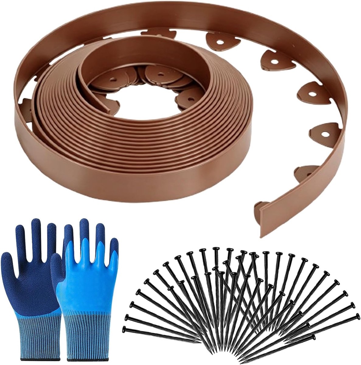 gazonrand, kunststof, bloembed omranding met 70 grondankers + paar handschoenen, lengte 10 m, hoogte 5 cm, bedbegrenzing gazonrandband, bestratingsstenen, palissade (bruin, 10 m)