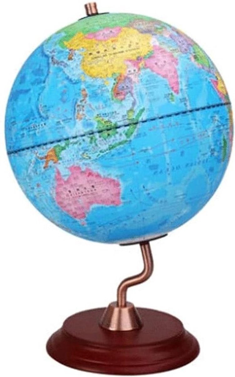 Wereldbol Houten Basis - Aardbol Leer - Educatief Decor - Klassiek Opvallend - 32 cm Diameter - Meerkleurig