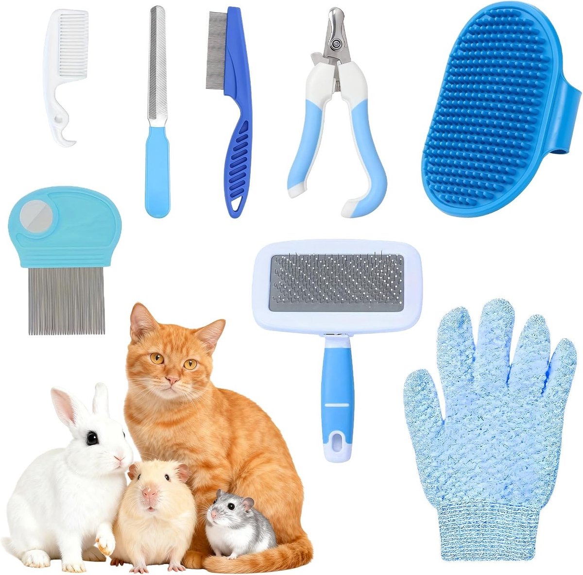 Complete 8-delige set voor konijnenverzorging met kammen en nagelknippers voor optimale verzorging