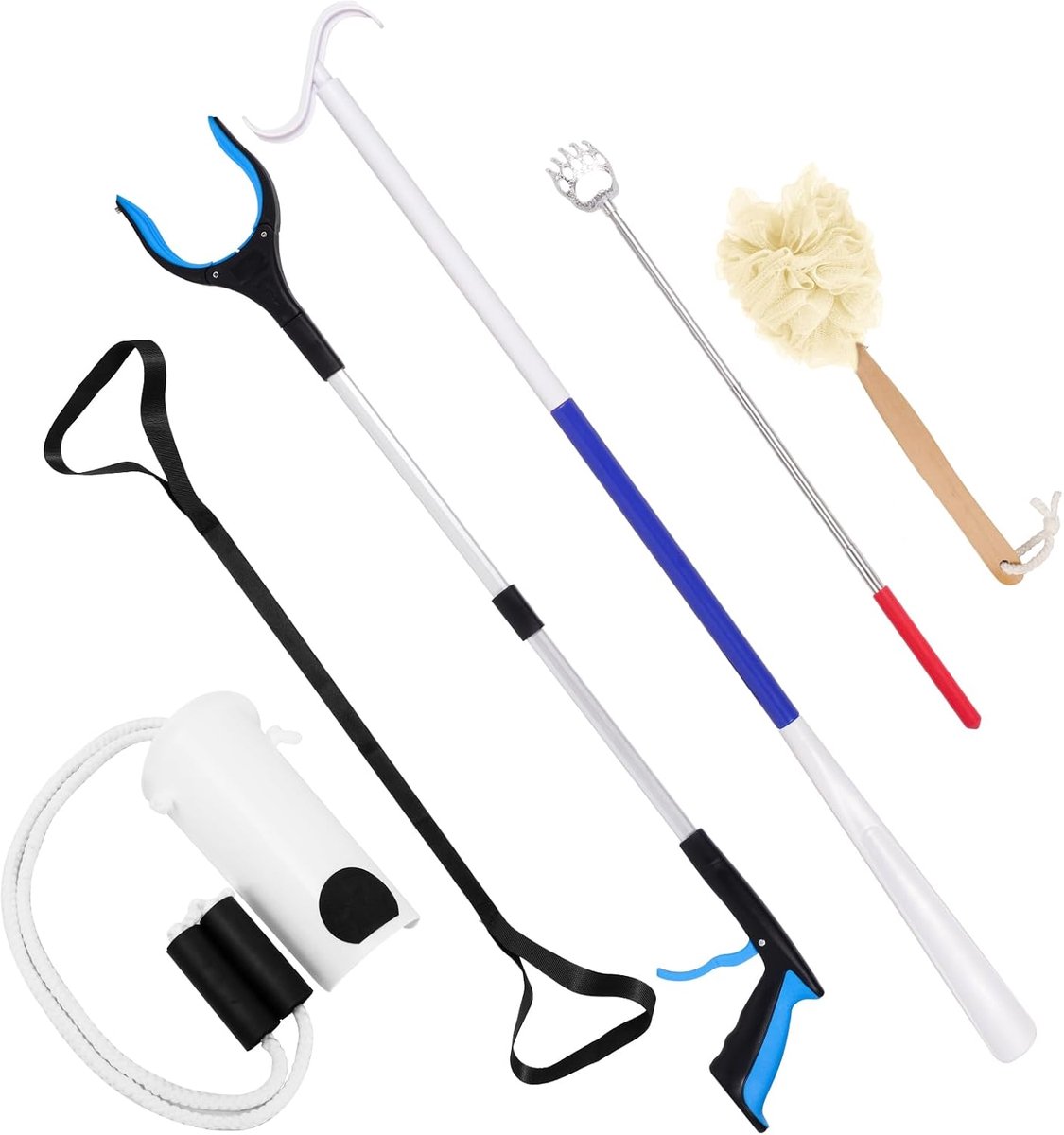 6 stuks heupvervangende herstelset voor ouderen en knie-rugoperaties met grijper, sokhulp, beenlifter, schoentrekker, rugkrabber, badspons, essentiële hulpmiddelen voor herstel na een operatie