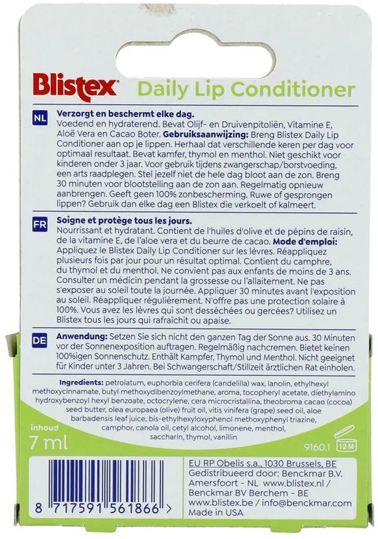 Achterzijde van Blistex Daily Lip Conditioner verpakking met ingrediënten en gebruiksaanwijzing.