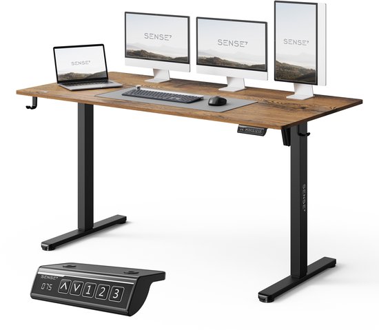 Zit-sta bureau met donkerbruin blad, SENSE7 logo op het zwarte frame en een digitaal bedieningspaneel.