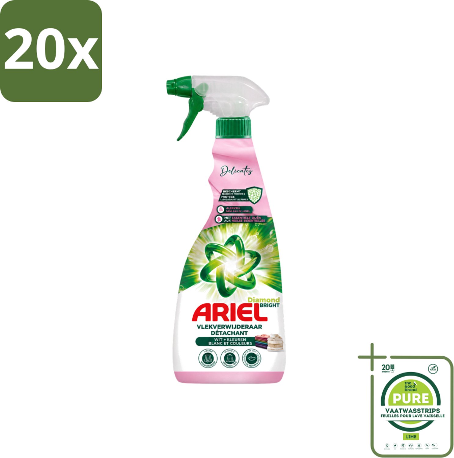 20 x Ariel - Vlekkenverwijderaar - Delicate & Wool Spray - 750 ml - Grootverpakking - Vaatwasstrips - Vlekken Verwijderen - Delicate Stoffen Reinigen - Babykleding Reinigen - Wol Reinigen - Zijde Reinigen