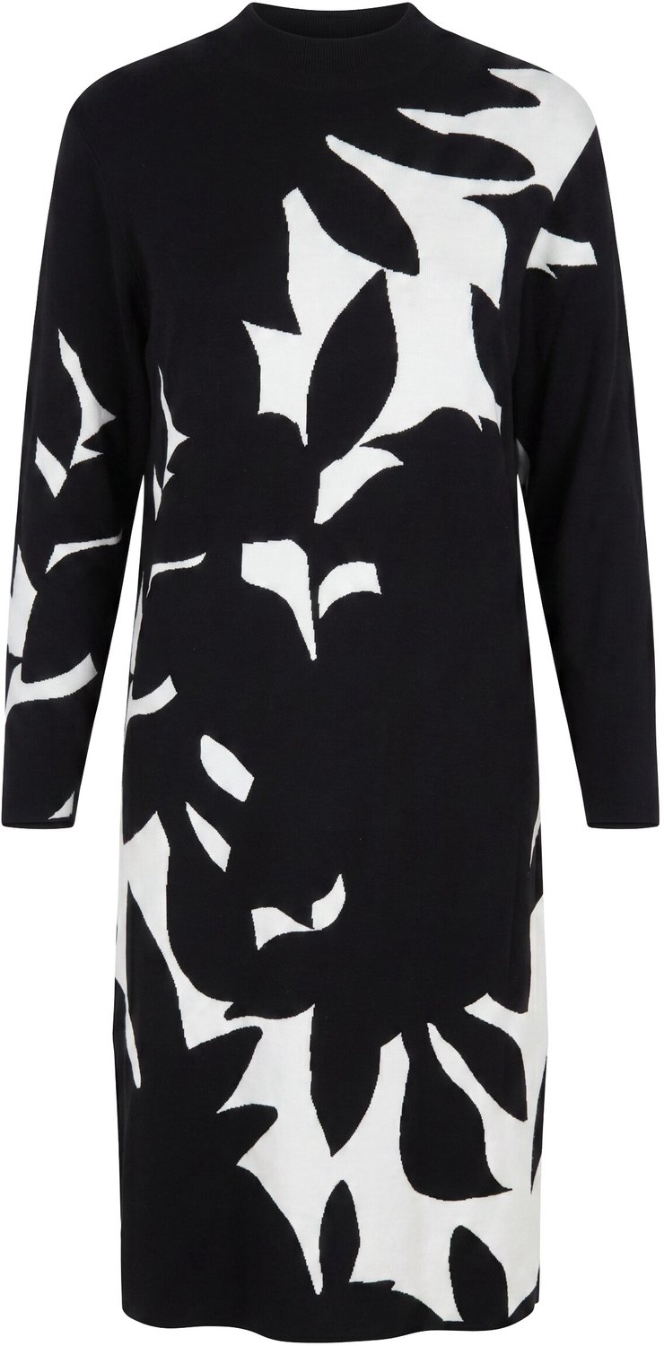 Ulla Popken - Dames - Gebreid maxi-jurk bladeren ronde hals lange mouwen - Zwart - Maat 46+