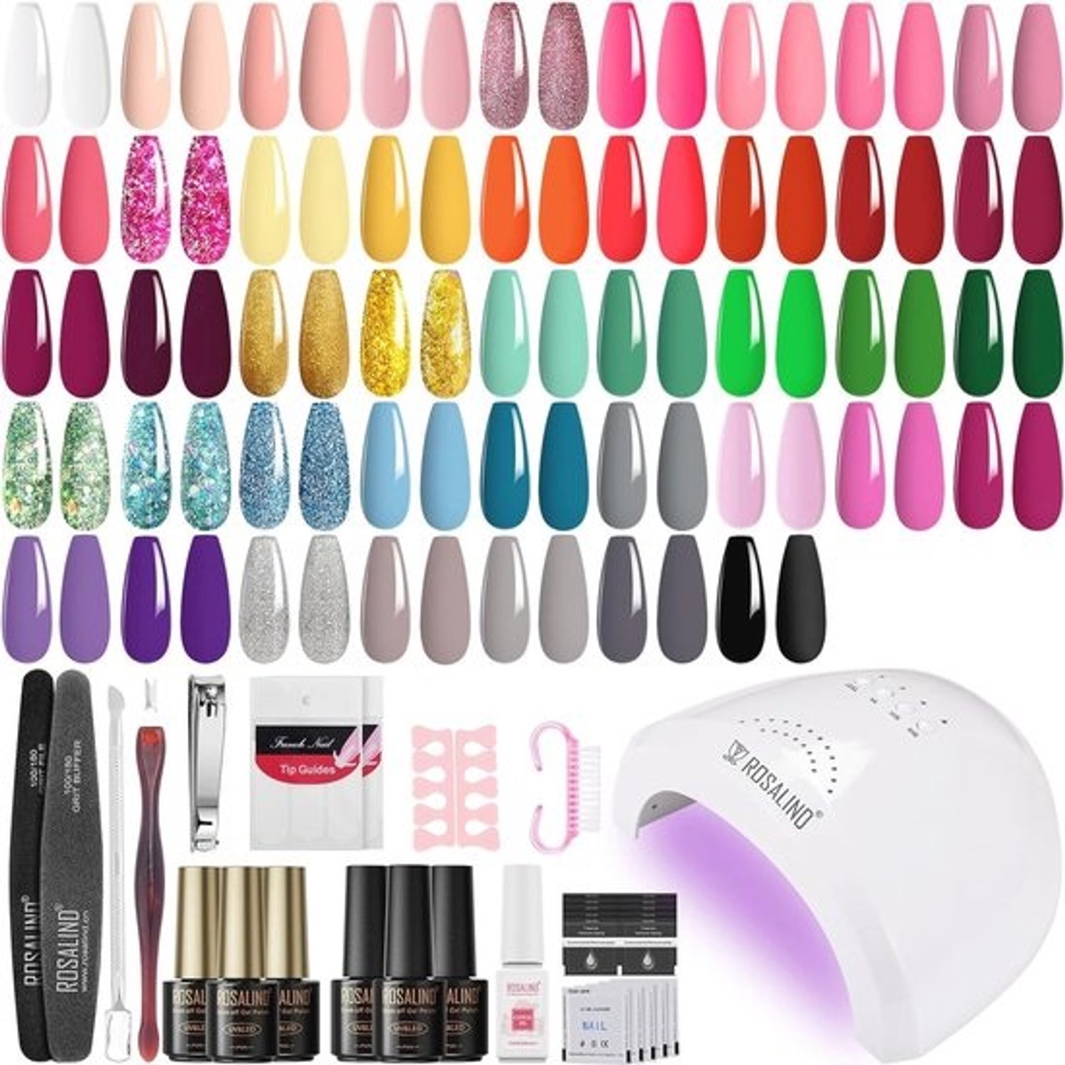 45-delige gelnagelstartset - met 48W UV-LED-lamp, UV-nagellak en topcoats - zwart, wit, grijs en roze