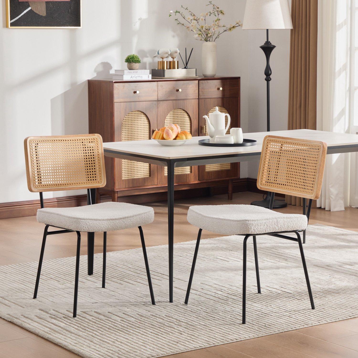 SONNENH Eetkamerstoelen - Set van 2 - Ivoorwitte chenille - Houten ruglijst met rotanlook - Metalen poten Ivoorwit, naturel en zwart