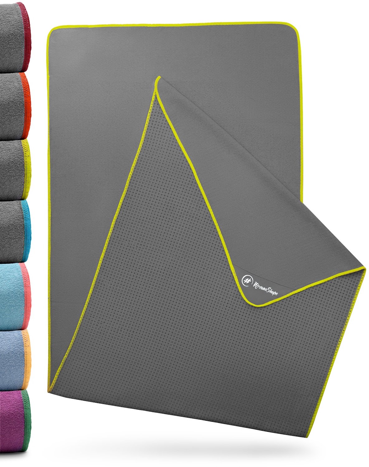 NIRVANASHAPE - Yogahanddoek als yogamat handdoek - antislip noppen - absorberende microvezel - hygiënisch en wasbaar op 40 graden - 185 x 63 cm - grijs/geel