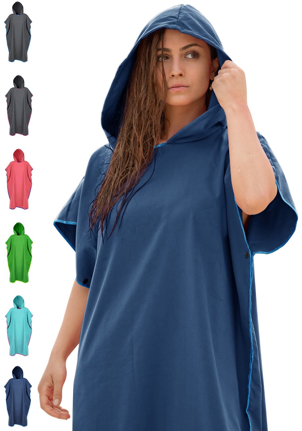 NirvanaShape - Handdoekponcho - Badjas en omkleeddoek - Pluisvrije en sterk absorberende microvezel - Uniseks loose-fit met capuchon - 117 x 85 cm - Blauw / Lichtblauwe Rand