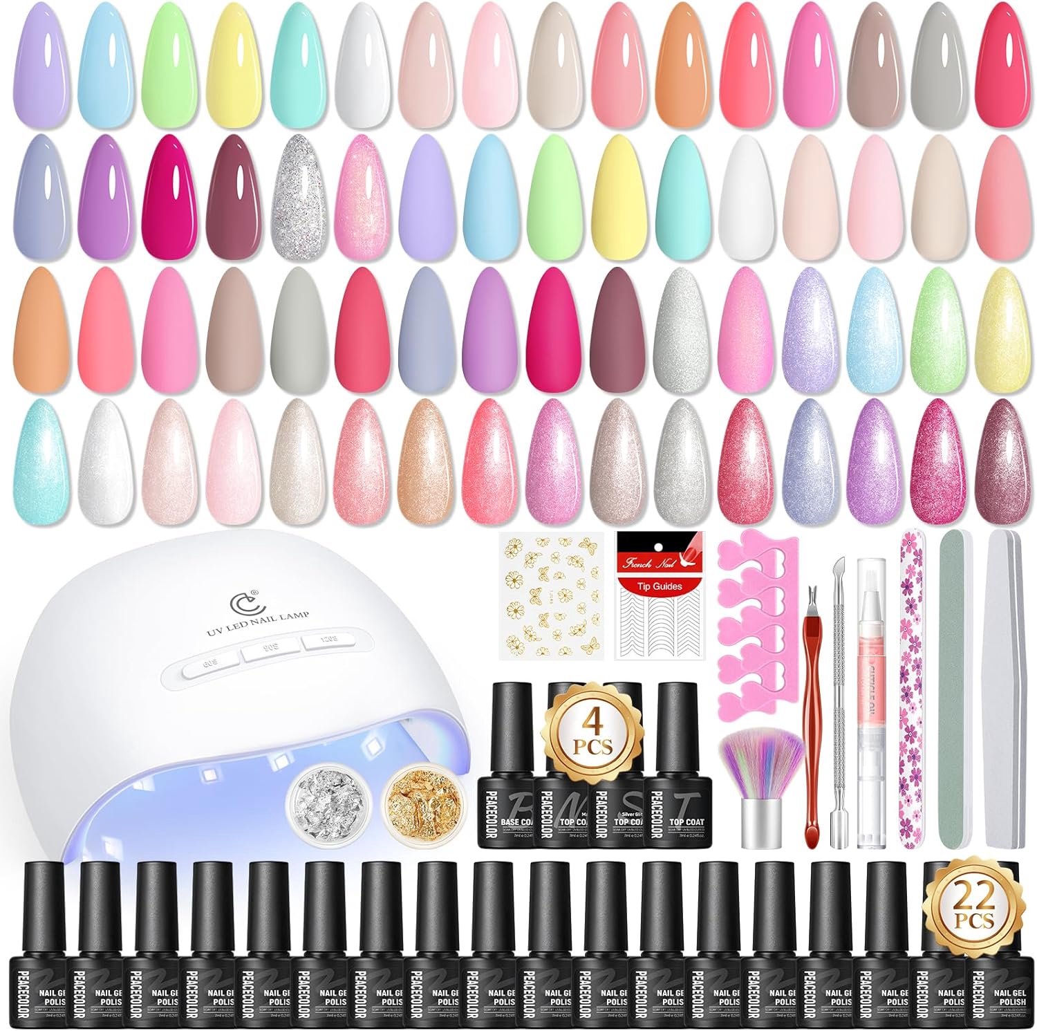 SnelShoppen - 44-delig Gel Nagelkit met 22 Kleuren Gellak Set, Nagellamp, Wit Roze Nude Paars, 4 Glans Matte Glitter Topcoats, Manicure Set voor Vrouw