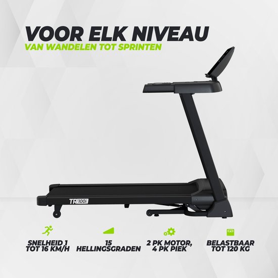 Zijaanzicht van de zwarte VirtuFit TR100i loopband met specificaties voor snelheid, helling en motor.