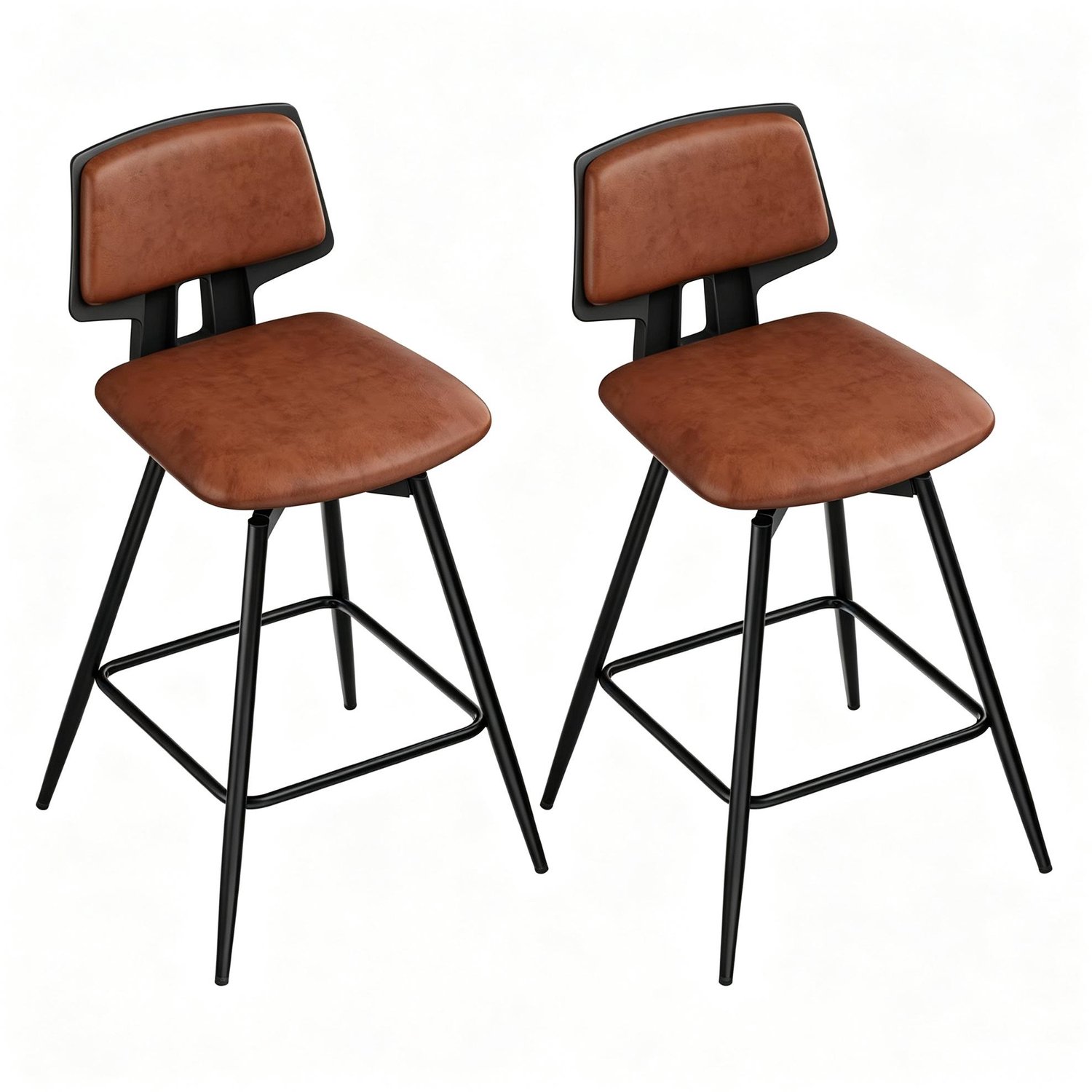 SONNENH Draaibare barkrukken set van 2 - Bruin kunstleer - Zwart metalen onderstel - Zithoogte 65,5 cm
