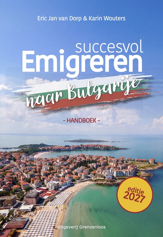 Boekomslag 'Succesvol Emigreren naar Bulgarije' met kuststad en Bulgaarse vlag-kleuren, editie 2027.