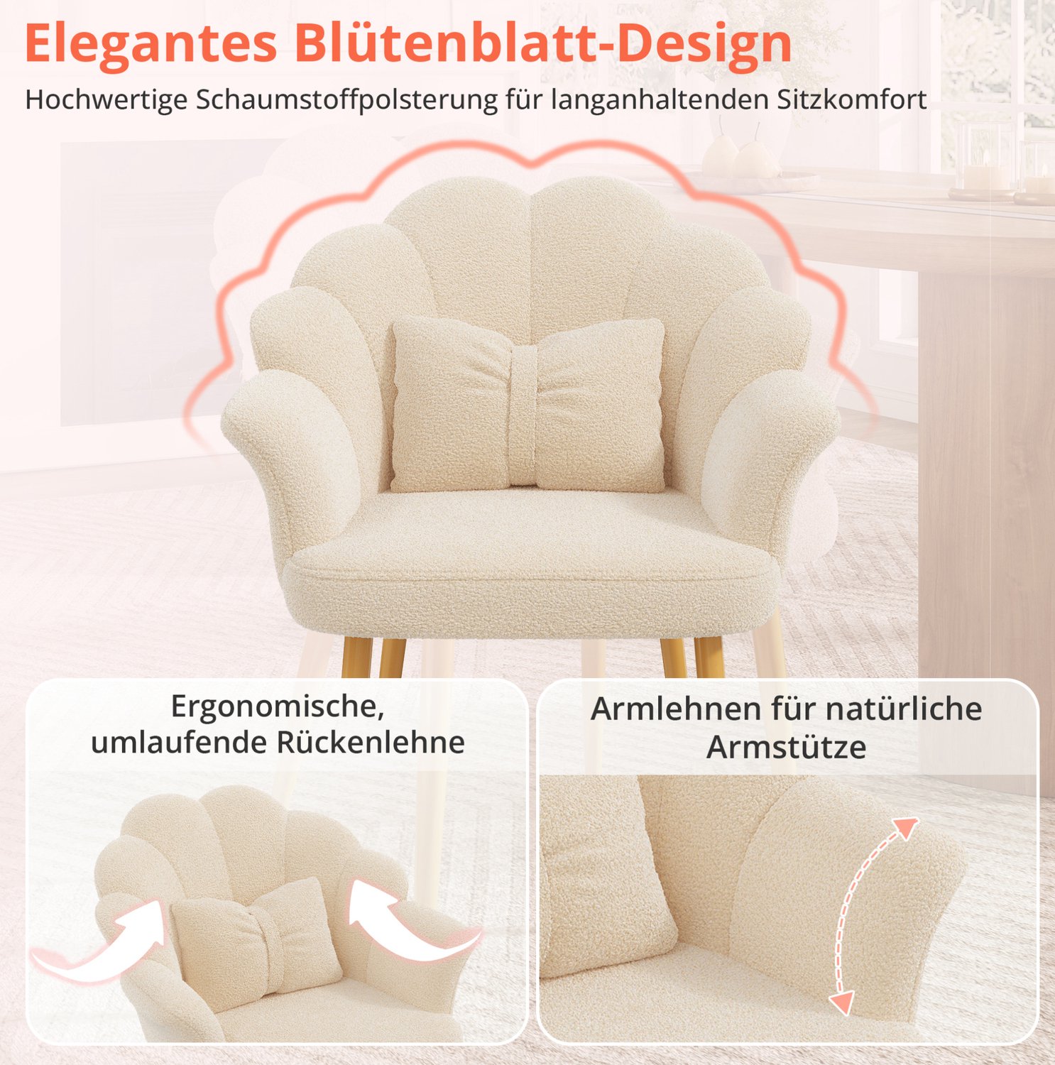 FloraGrace Eetkamerstoel Set Van 2 - Bloemblaadrugleuning Met Armleuningen En Metalen Poten - Eetkamer Of Slaapkamer - Teddy Stof - Beige