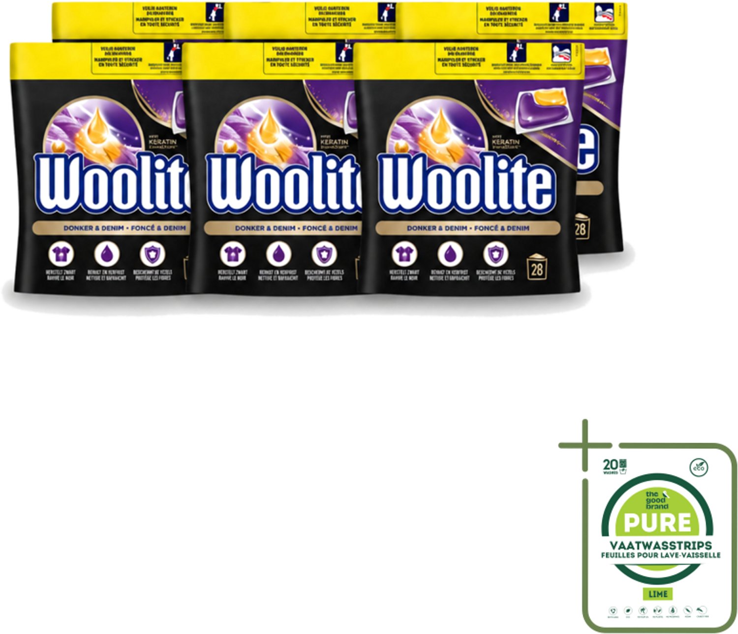 6 x Woolite Dark - Wasmiddelcapsules - Met Keratine - Donkere & Denim Was - 28 Wasbeurten - Grootverpakking - Vaatwasstrips - Donker Wasmiddel - Denim Wasmiddel - Keratine Wasmiddel - Donkere Kleding Was - Wasmiddel Voor Zwart