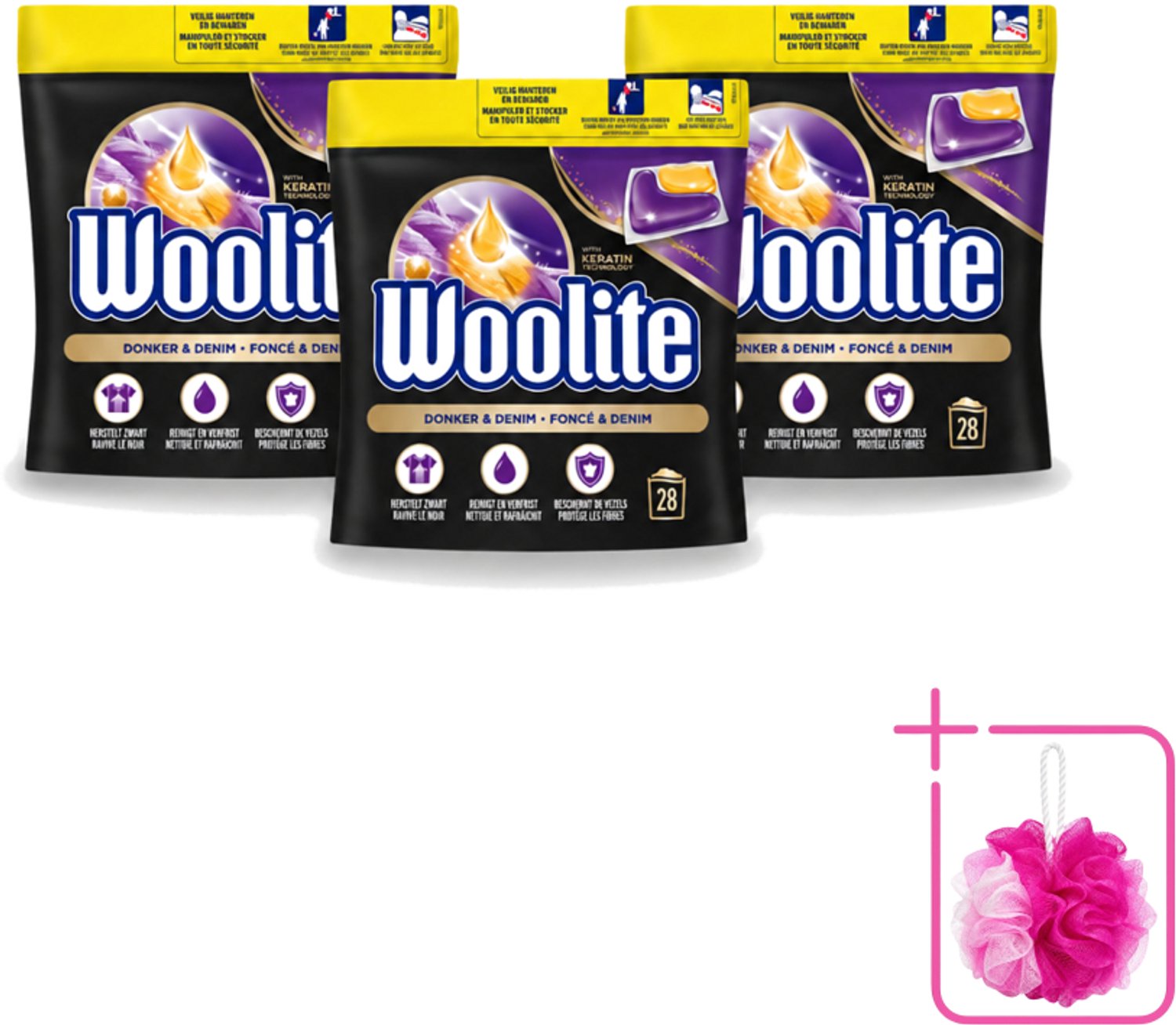 3 x Woolite Dark - Wasmiddelcapsules - Met Keratine - Donkere & Denim Was - 28 Wasbeurten - Bulkverpakking - Donker wasmiddel - Douchemop - Denim wasmiddel