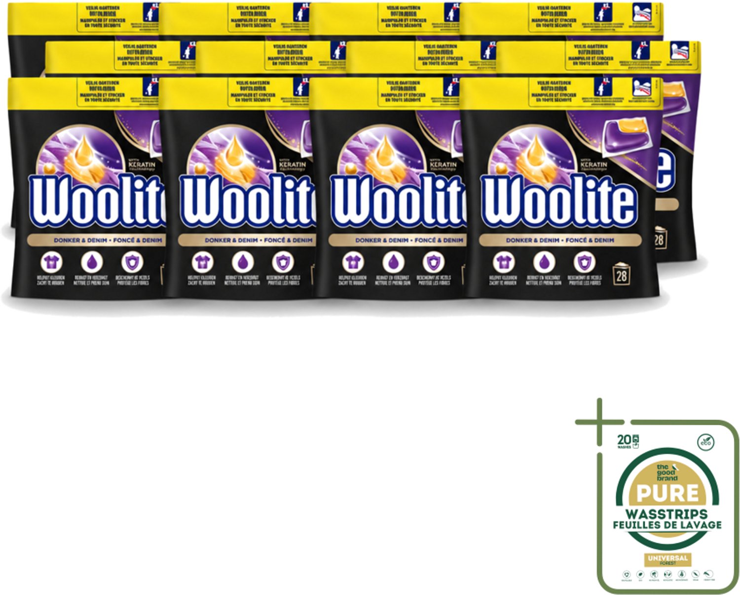 12 x Woolite Dark - Wasmiddelcapsules - Met Keratine - Donkere & Denim Was - 28 Wasbeurten - Wasstrips - Donker Wasmiddel - Denim Wasmiddel - Keratine Wasmiddel - Donkere Kleuren Behouden - Wasmiddel Voor Donker Kleding
