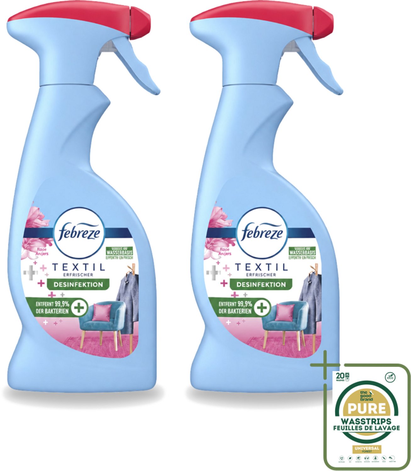 2 x Febreze – Textielspray – Roze Anjers – 375 ml - Wasstrips - Textielgeur - Textielverzorging - Geurverwijdering - Textielspray - Roze Anjers