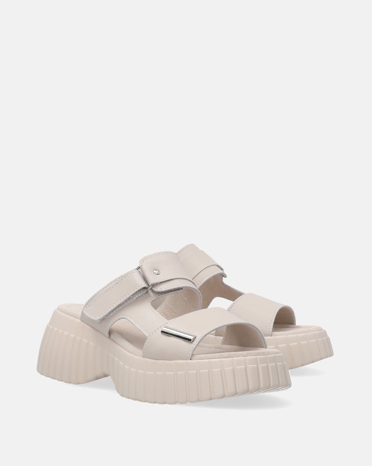 Beige Leren Damessandalen - Plateausandaal - Verstelbare Bandjes