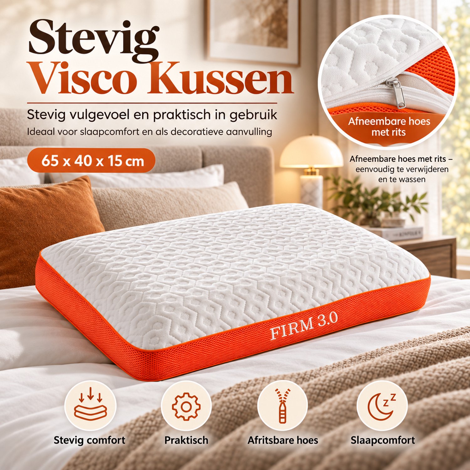 Fabric Box Nuvina Firm Hoofdkussen – Visco Traagschuim – Stevig – 65x40x15 cm – Ademende Afneembare Hoes – Wit/Oranje
