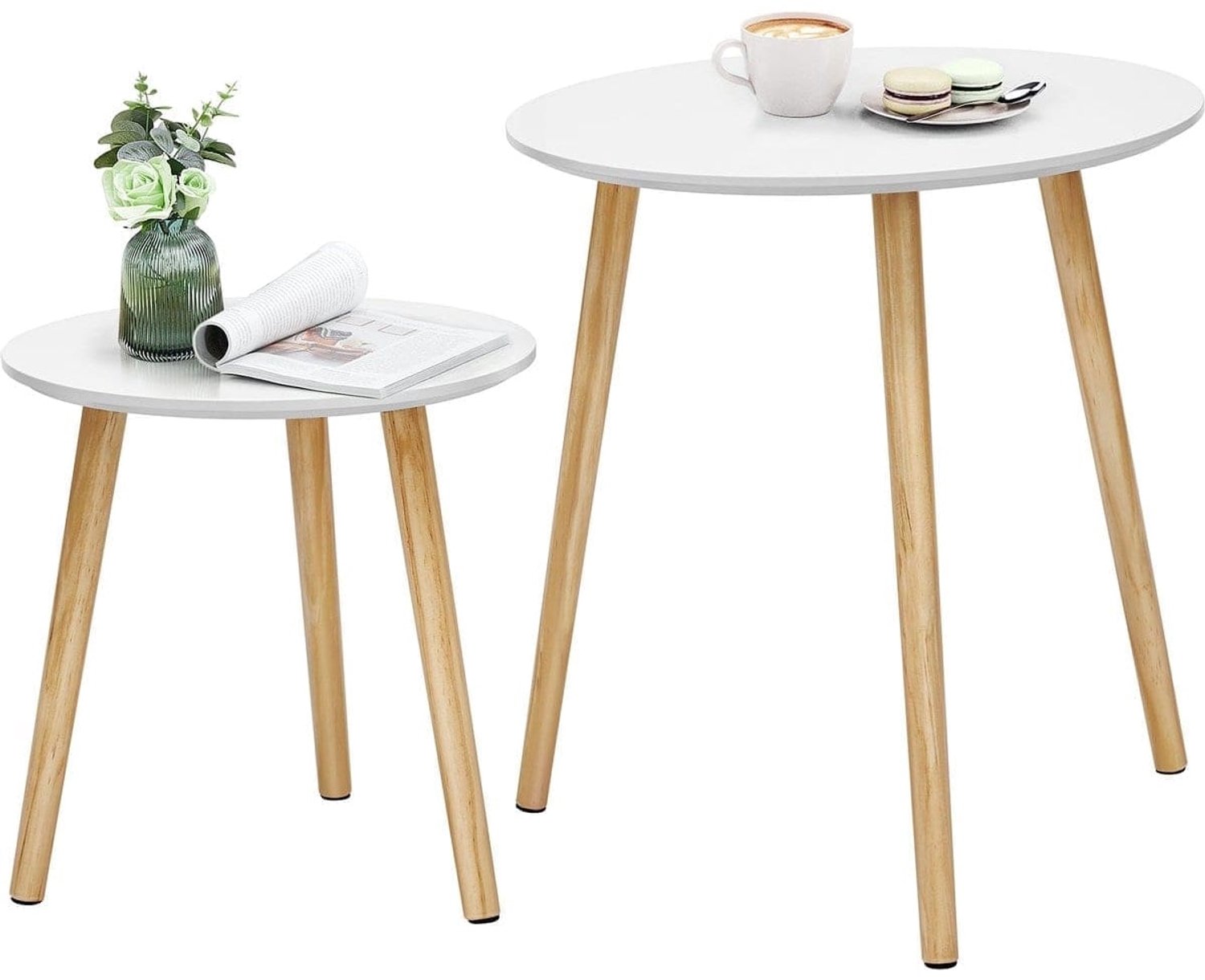 Klarven Bijzettafel Wit-Natuur - Scandinavische Bijzettafel - Bijzettafel Hout - Set van 2 - Antislip Voetjes - Voor Woonkamer of Balkon