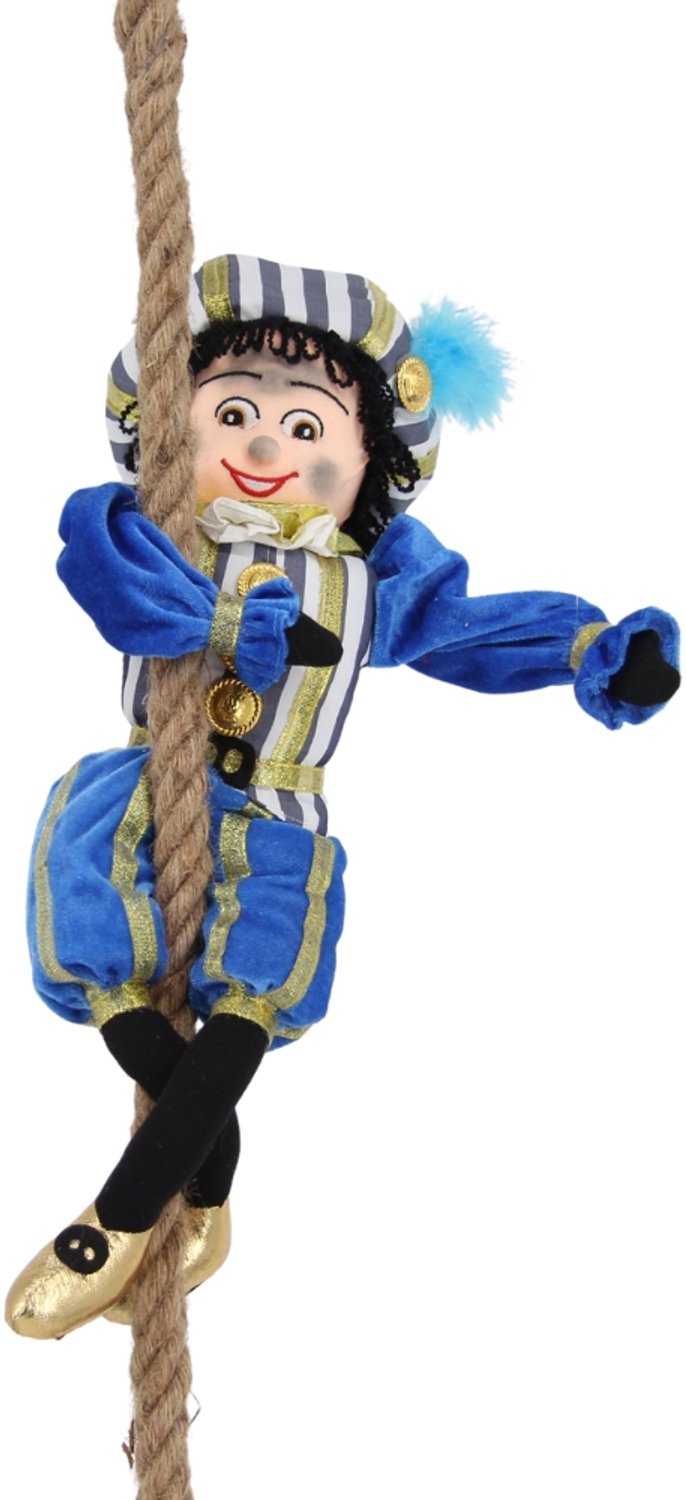 Pietenpop met touw- Sinterklaasdecoratie - 40 cm met touw 90 cm- roetveegpiet -blauw/wit kostuum - Beekwilder design - handgemaakt