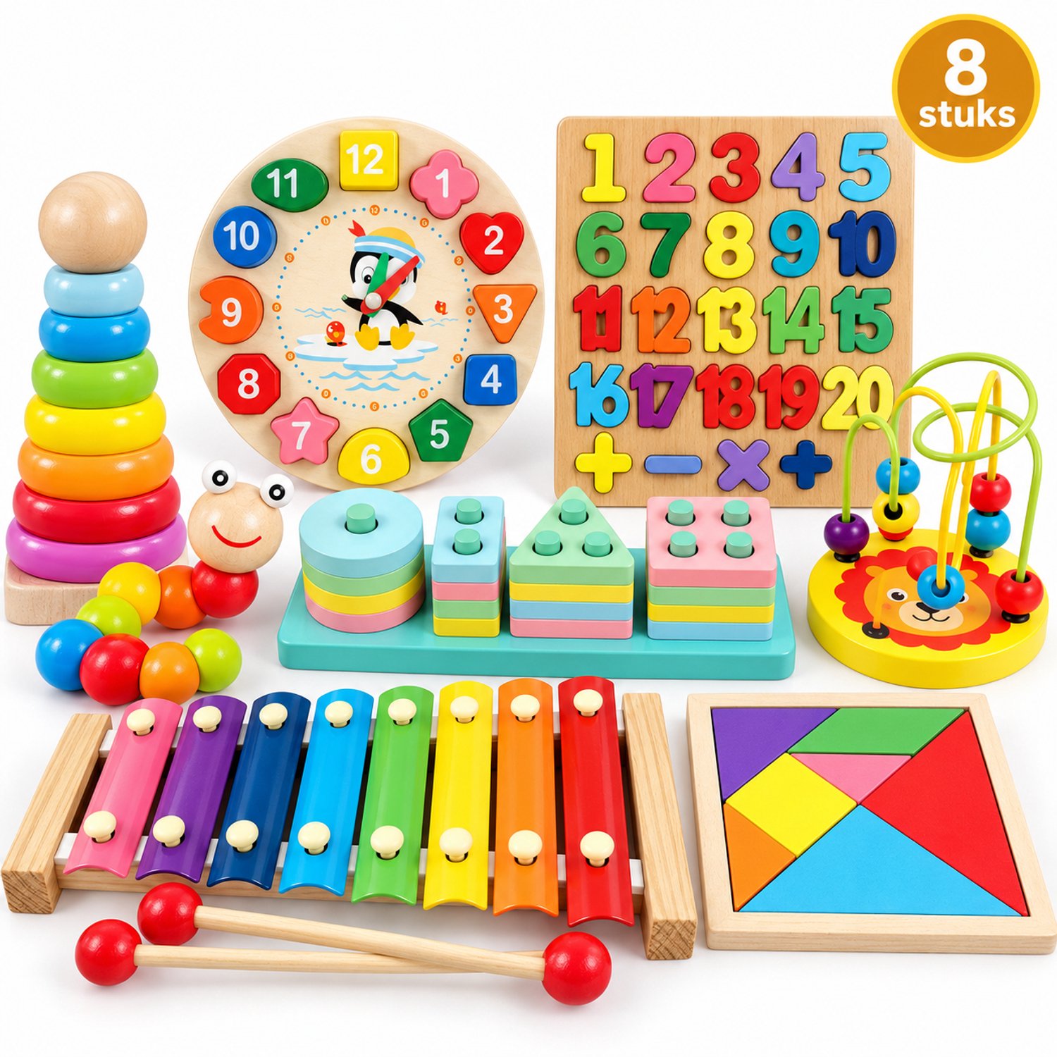 Flero Montessori Set 8 Delen van Hout - Educatief Houten Speelgoed voor Fijne Motoriek en Sorteren - Zelfcorrigerend Leerspeelgoed voor Peuters en Kleuters - Sensorisch Montessori Materiaal, Cadeau - Educatief Montessori Speelgoed, Verjaardagscadeau