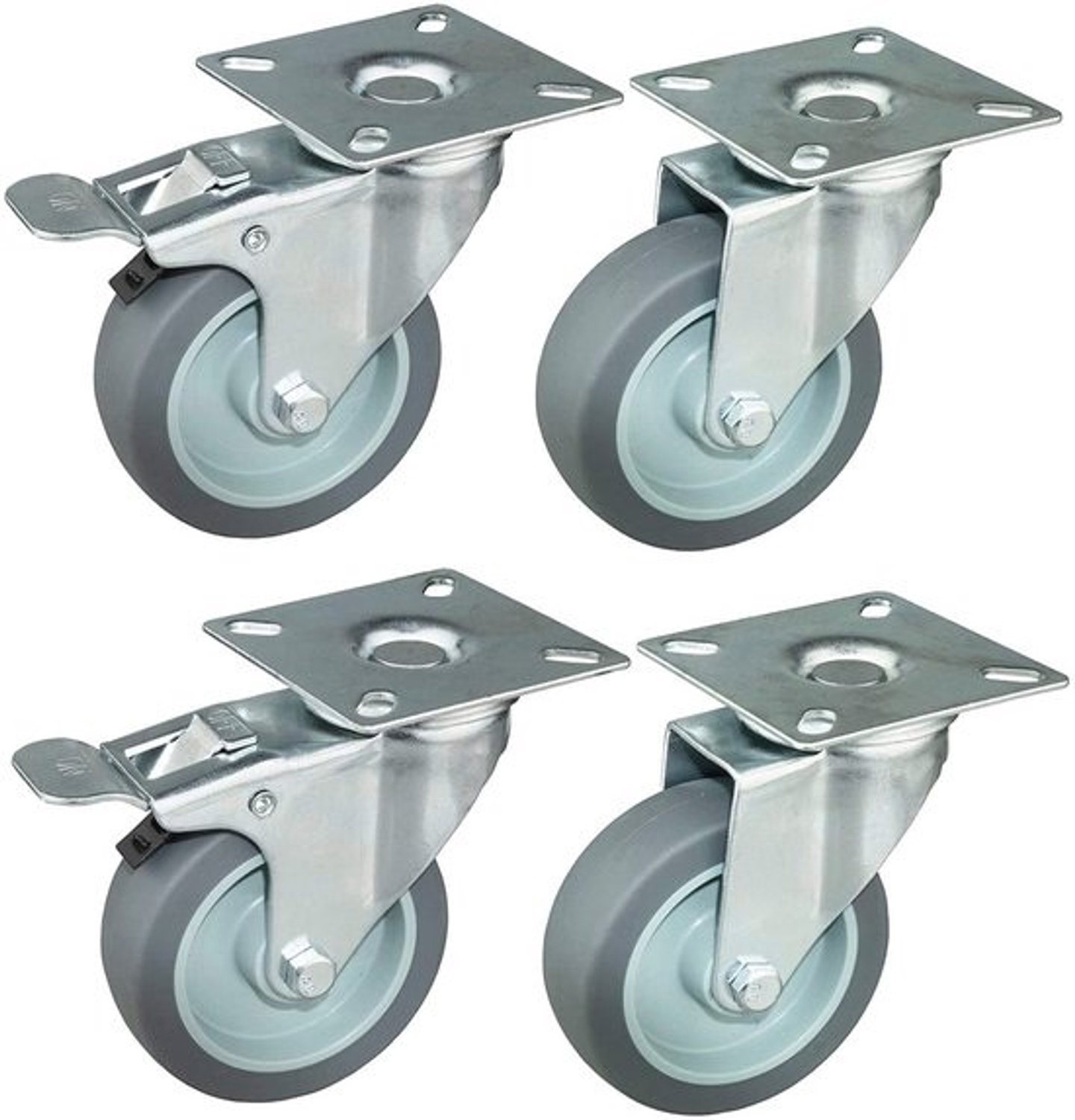 Meubelwielen - 75 mm - met rem - zwenkwielen - totale draagkracht 240 kg