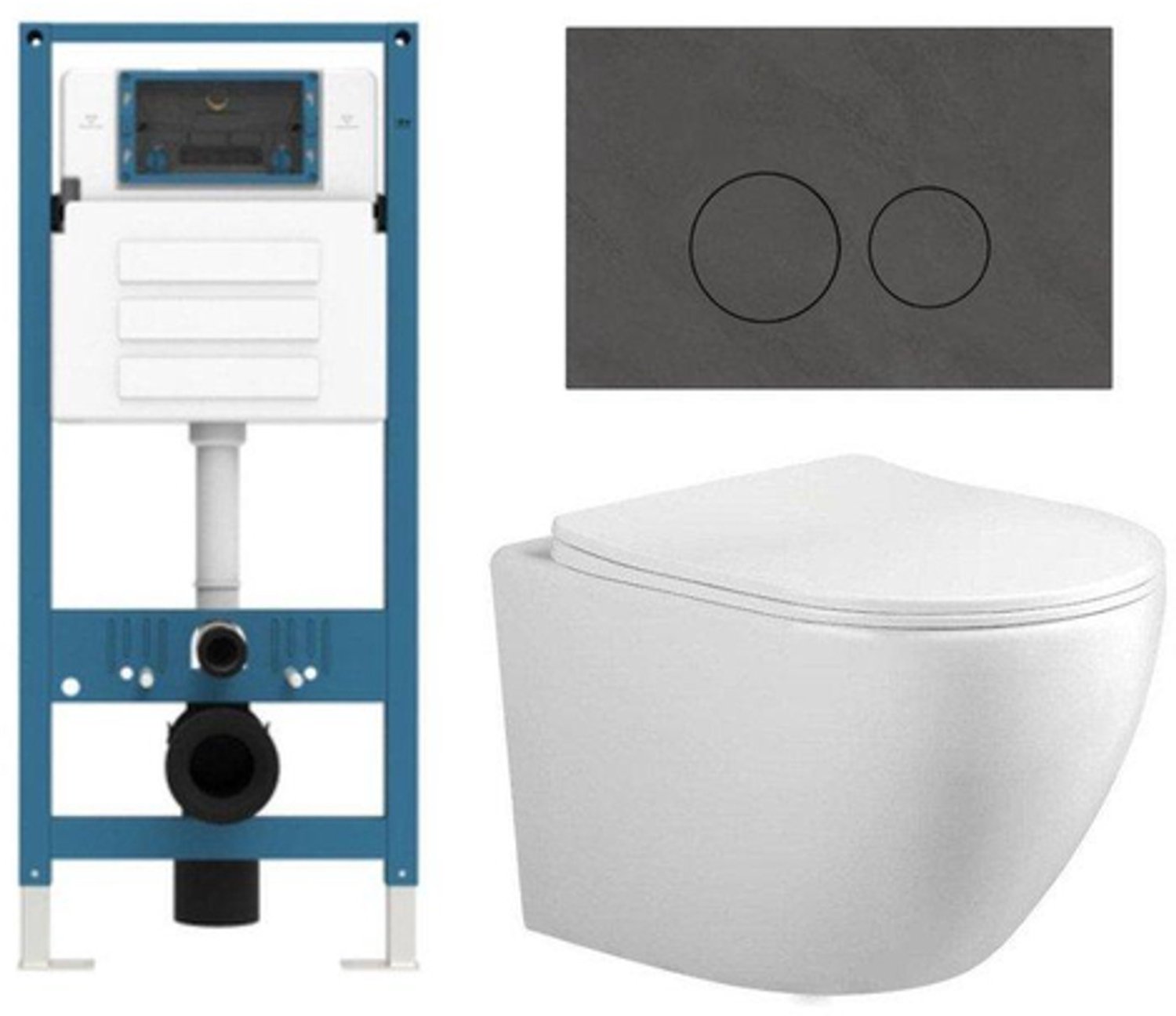 FugaFlow Eccelente Press Toiletset - 48.5x36x32cm - diepspoel - spoelrandloos - inbouwreservoir - softclose - quickrelease - toiletzitting - donker marmeren natuurstenen bedieningsplaat - ronde knoppen - wit