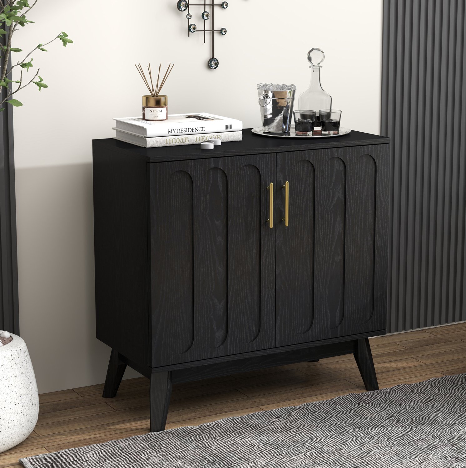 CHICFURN Dressoir - Verstelbare planken - Geribbelde fronten - Zwart