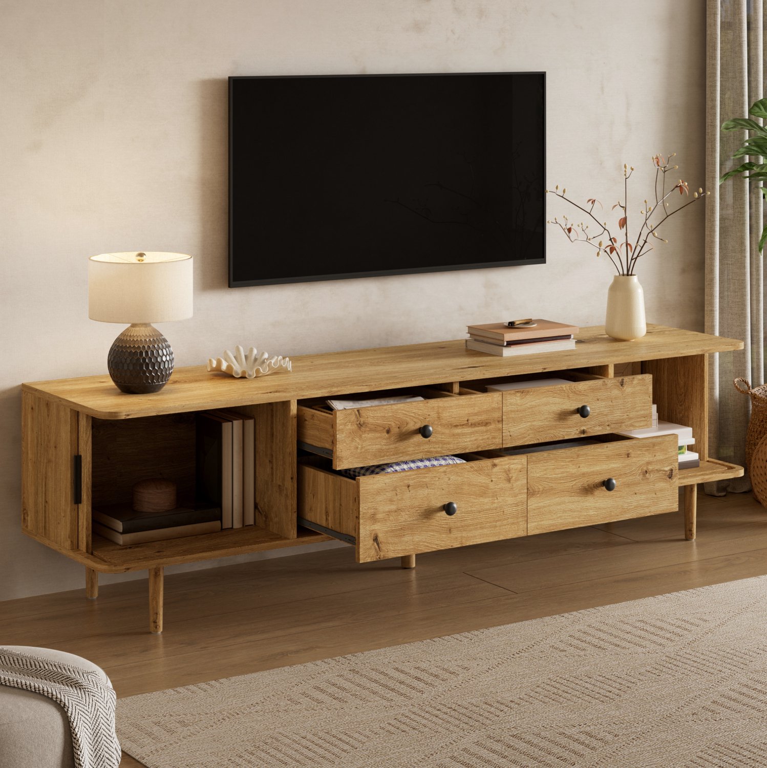 CHICFURN TV-meubel - 4 laden - 2 schuifdeuren - MDF - Houtkleur