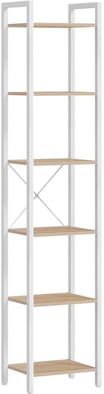 Klarven Boekenkast Beige Wit - Boekenkastje - Boekenkasten - Open Stellingkast met Niveaus - Draagvermogen 50kg per Plank - 40x30x187,5 cm Wit/Eiken