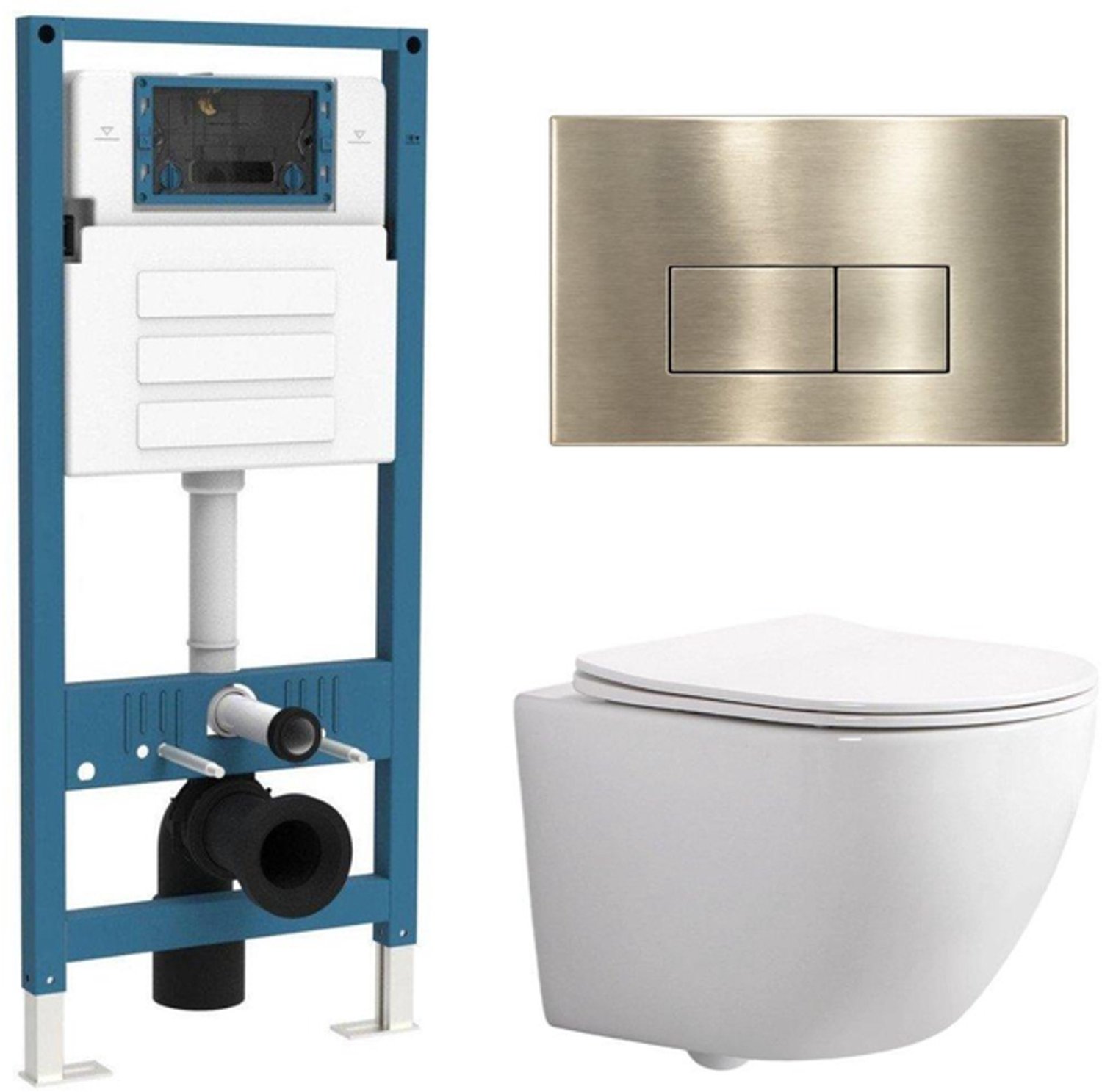 QeramiQ Dely Swirl Compact Toiletset - inbouwreservoir QeramiQ flush - slim zitting - metalen bedieningsplaat messing geborsteld (goud) - rechthoekige knoppen - glans wit