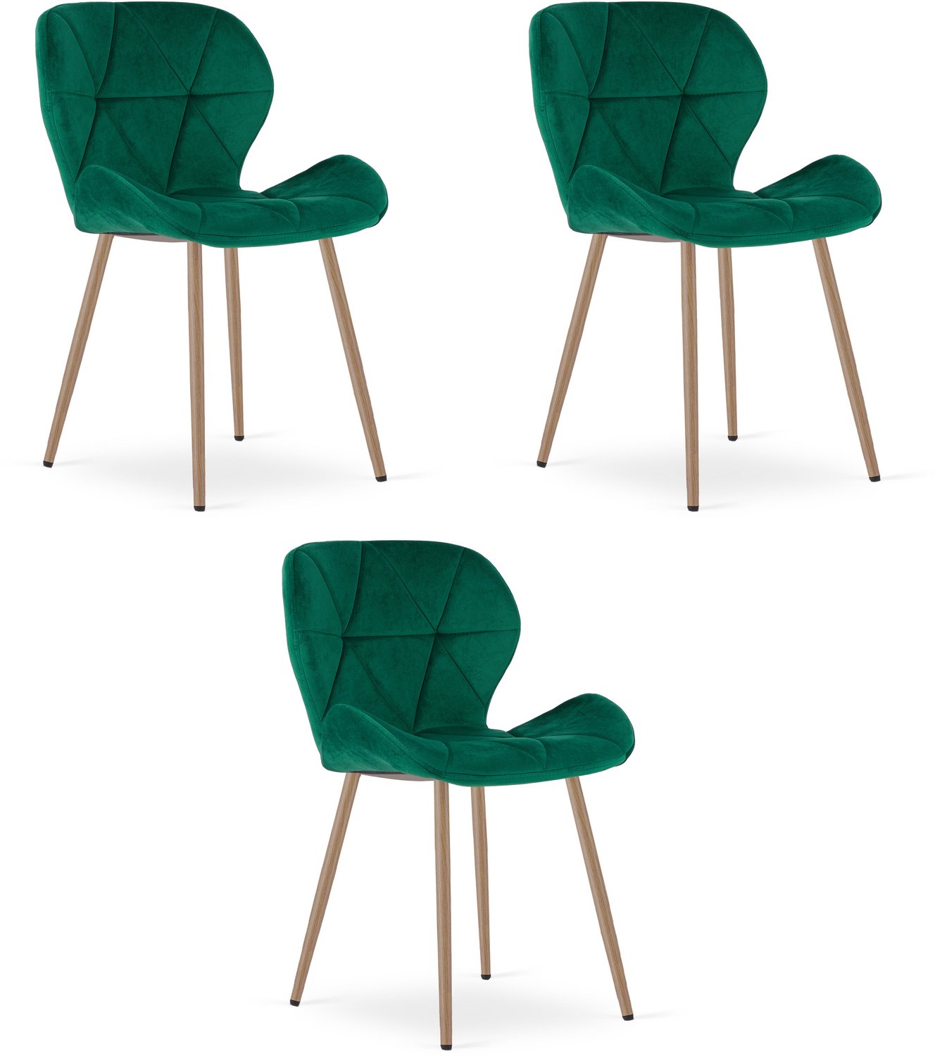 Oskar MANGO Eetkamerstoelen – Set van 3 – Groen Velvet – Metalen Poten in Eikenlook – Comfortabele Gestoffeerde Zitting – Modern Design – Velvet Stoel voor Woonkamer, Keuken en Eetkamer – Max. 110 kg per Stoel